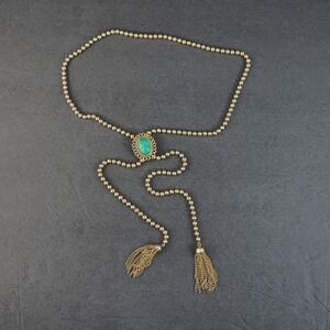 Avon Ming Green Necklace Gold Tone Adjustable Lariat Tassel Cabochon Vintage MCM